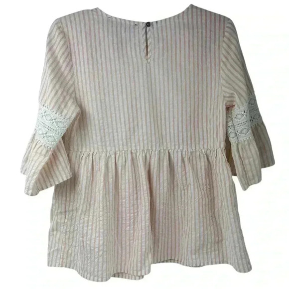 Lipslide Women's S Pink Striped Peasant Lace Top 3/4 Sleeve Lace Detail - Picture 7 of 8